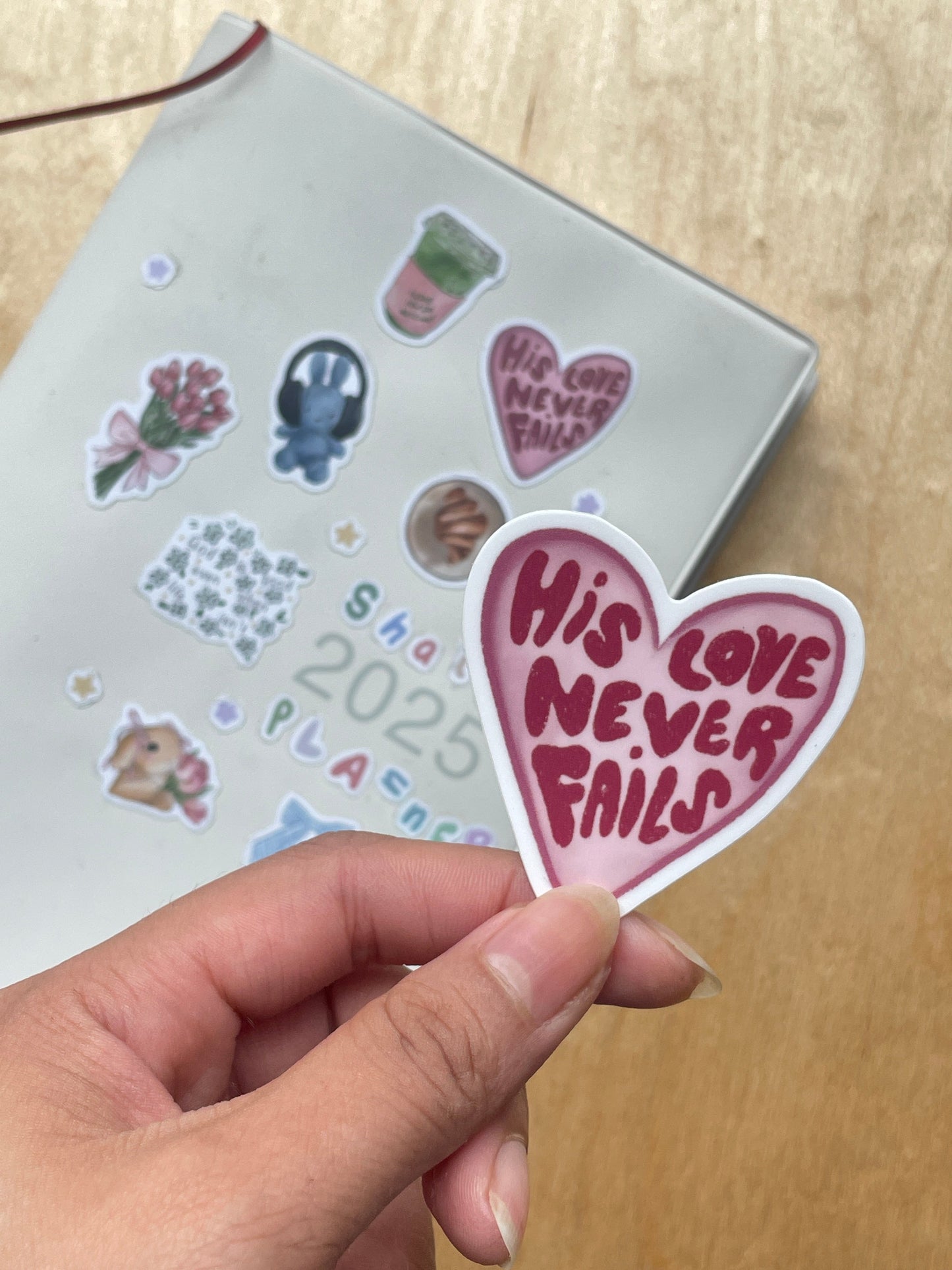 "His love never fails" die-cut vinyl sticker